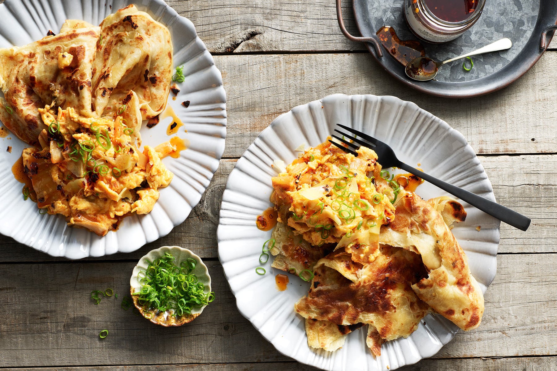 Spicy Kimchi & Parmesan Scram With Roti